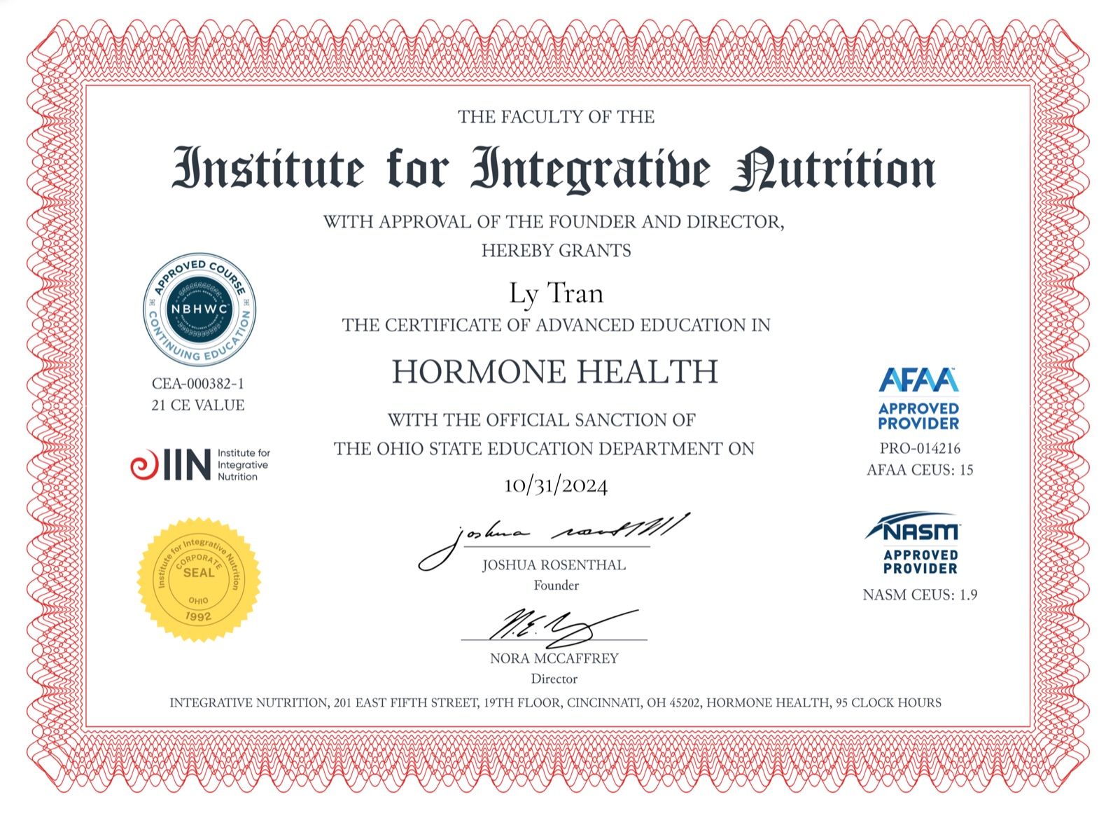 Chứng nhận Advanced Education in Hormone Health của Institute for Integrative Nutrition cấp cho Ly Tran, 31/10/2024